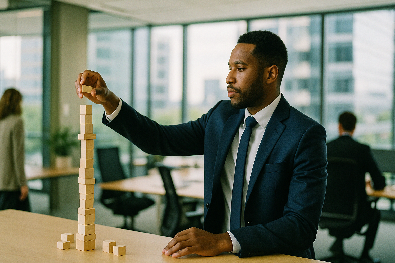 Scene in a modern corporate office with someone building