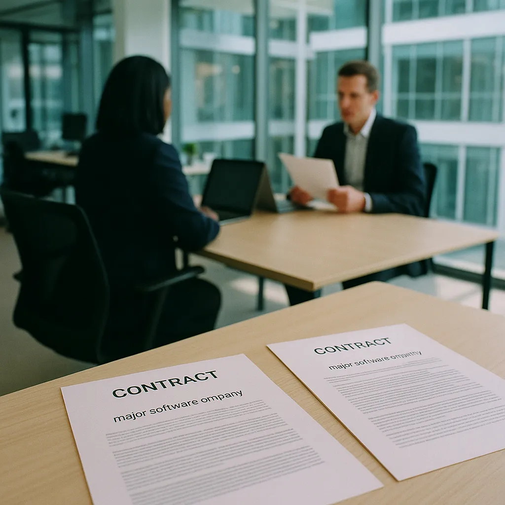 A modern corporate office featuring contracts, related to a major software company and a major AI company End Exclusiv from an unusual angle or perspective