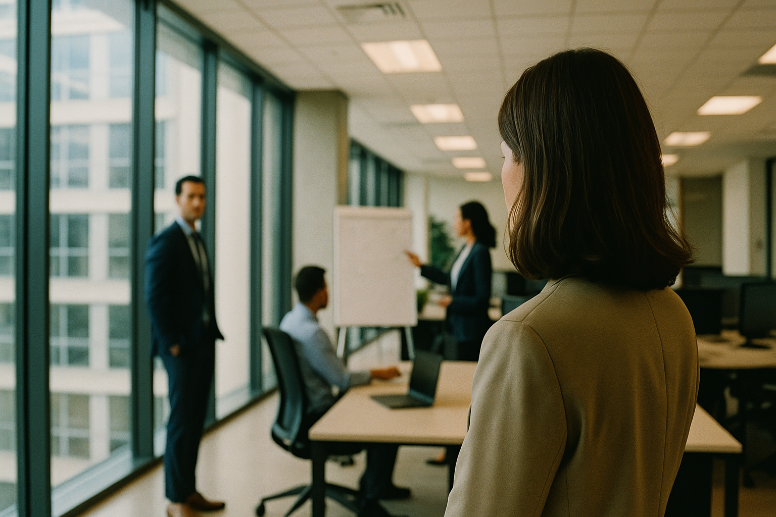 Scene in a modern corporate office from an unusual angle or perspective