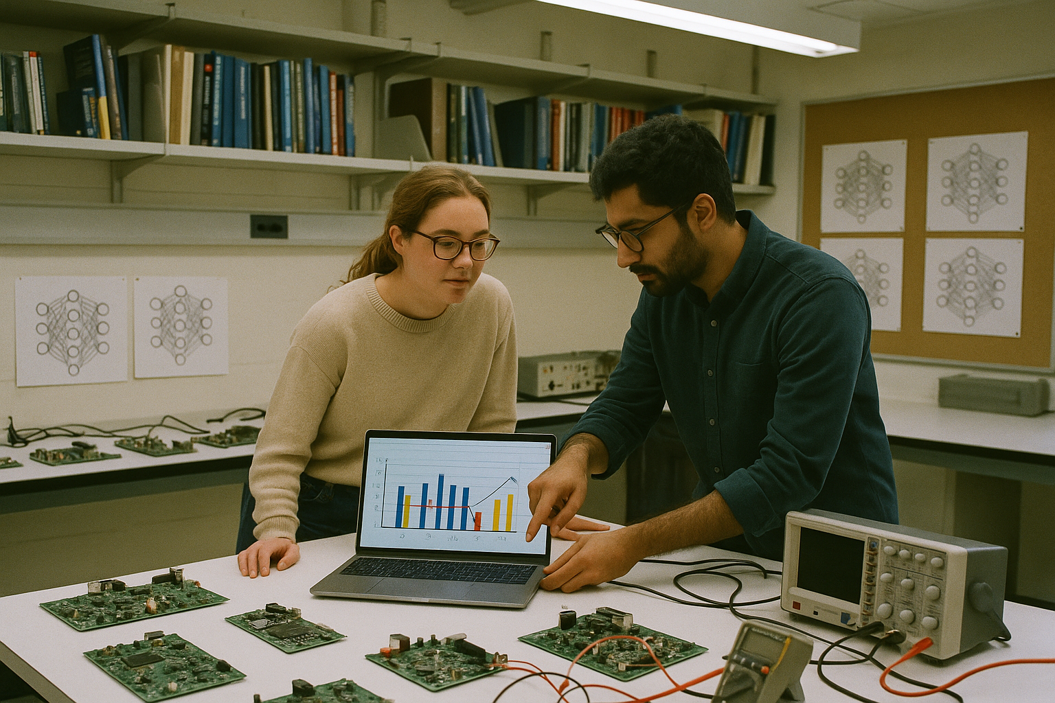 A university research lab with a white lab bench covered in circuit boards, printed neural network diagrams pinned to a corkboard