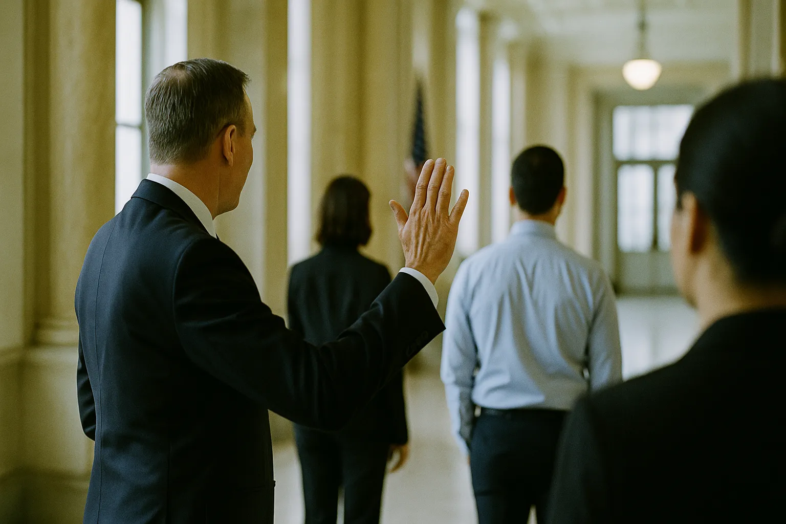 Scene in a government building interior with someone training