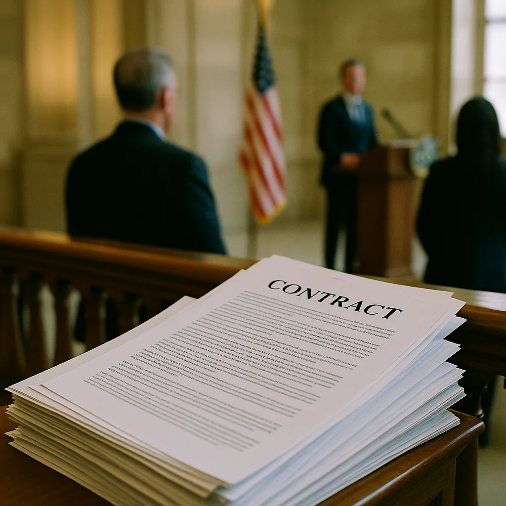 A government building interior featuring Contracts, contracts, related to Gov. Newsom Orders California to Factor AI Harm Into State P from an unusual angle or perspective