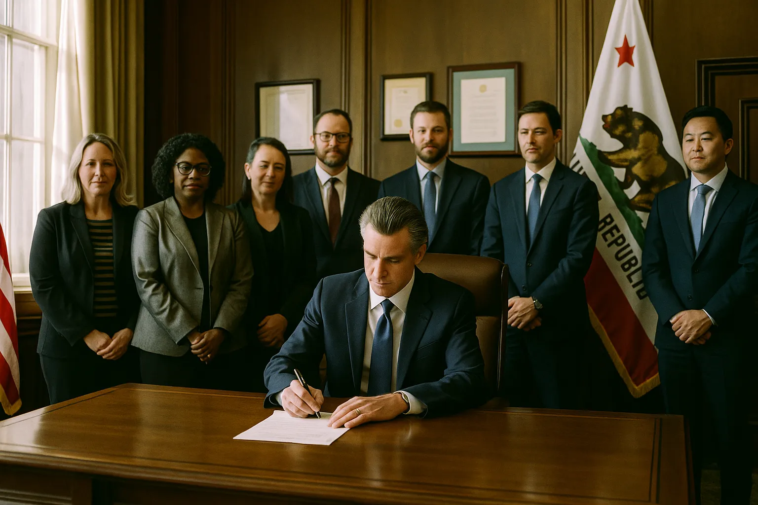 California Governor Gavin Newsom seated at a large wooden desk in a formal Sacramento government office, signing a document with a pen