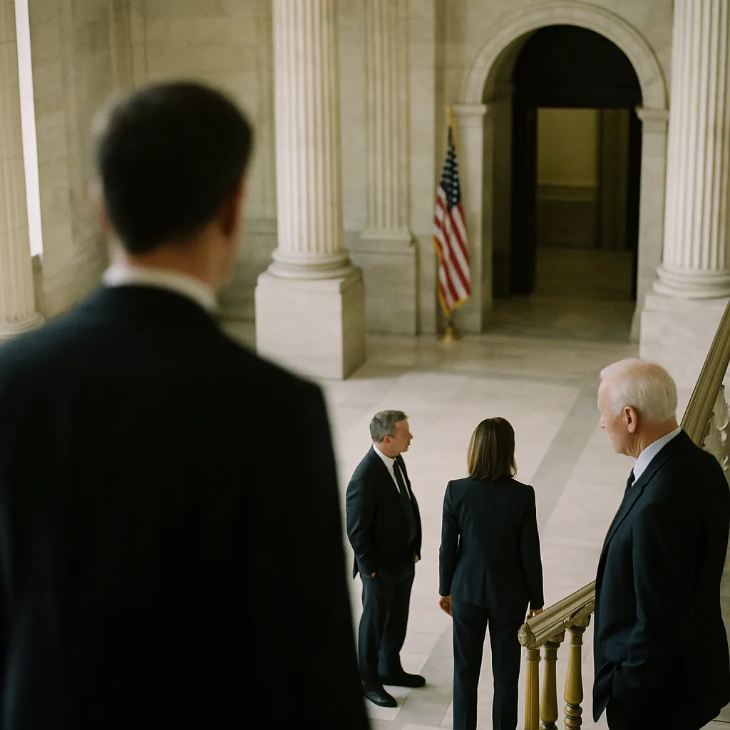 Scene in a government building interior from an unusual angle or perspective