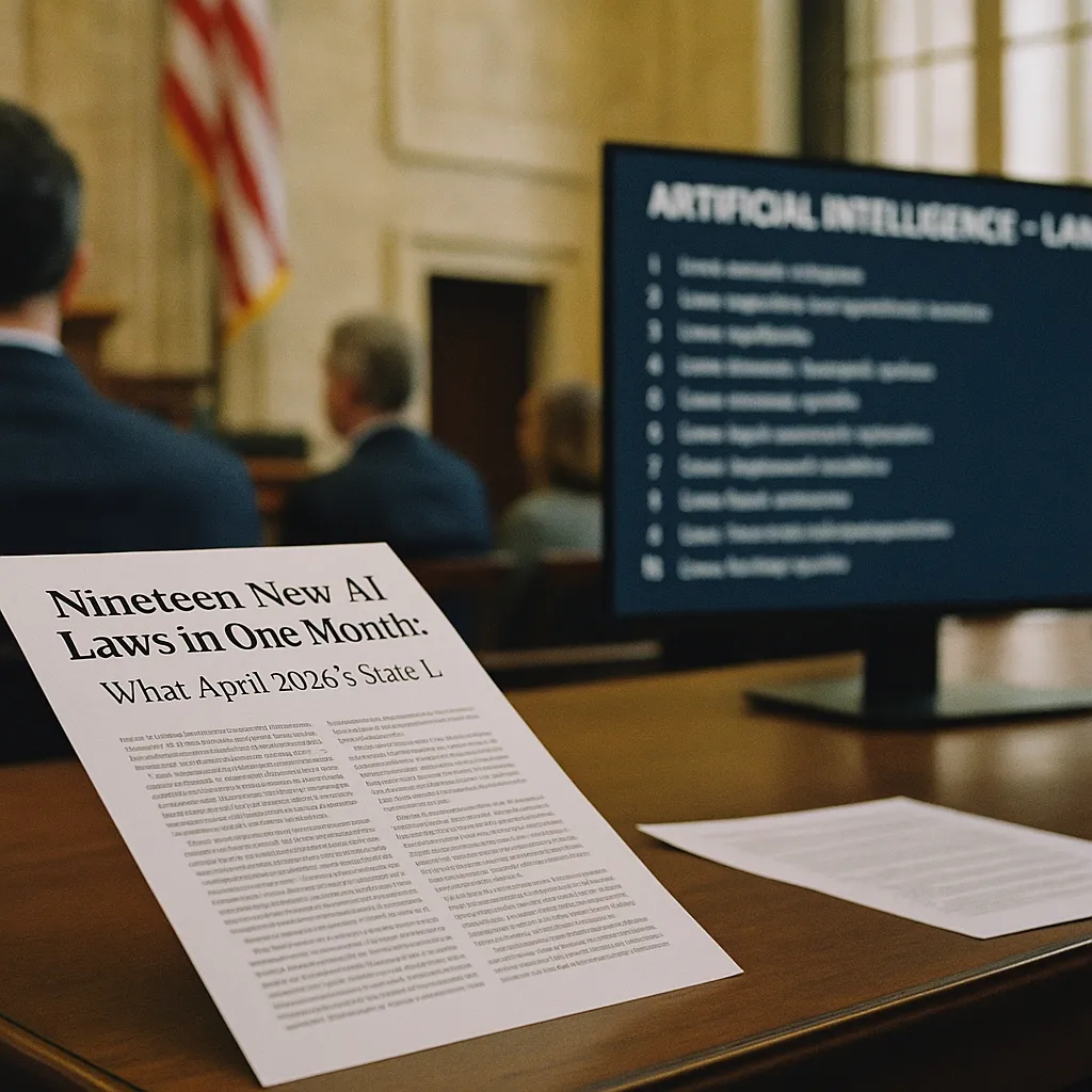 A government building interior featuring documents, screen, related to Nineteen New AI Laws in One Month: What April 2026's State L from an unusual angle or perspective
