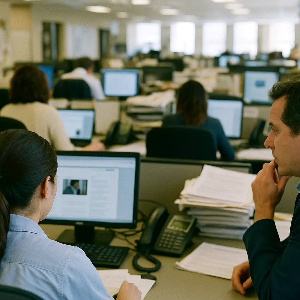 Scene in a newsroom from an unusual angle or perspective