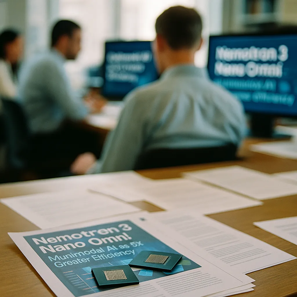 A newsroom featuring chips, documents, related to Nemotron 3 Nano Omni: Multimodal AI at 9x Greater Efficiency