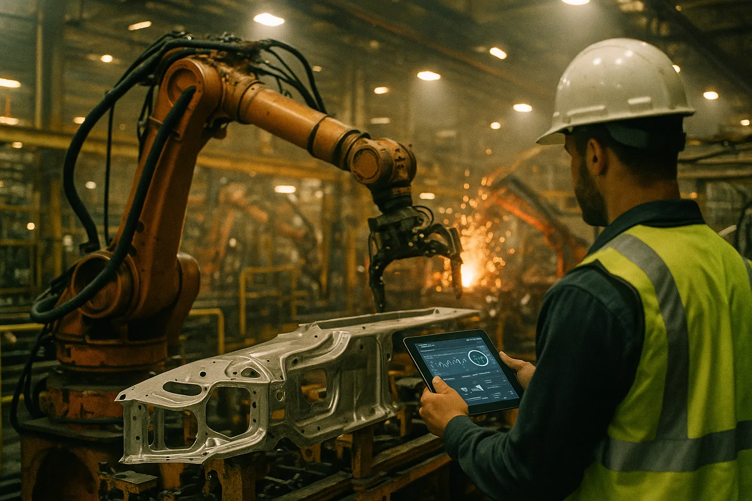 Inside a U.S. automotive manufacturing plant, a large industrial robot arm precisely positioning a metal component on an assembly line
