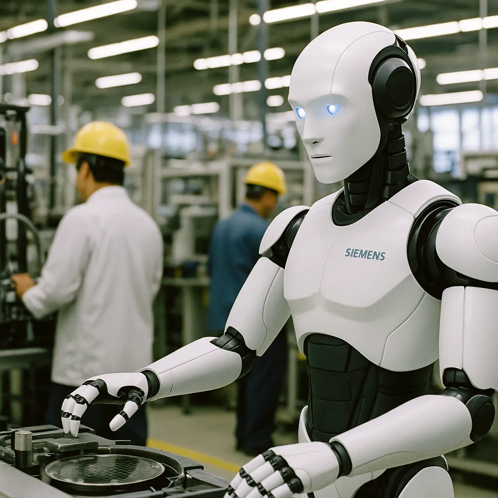 A factory featuring Robot, robot, related to a chip manufacturer and Siemens Put a Humanoid Robot to Work