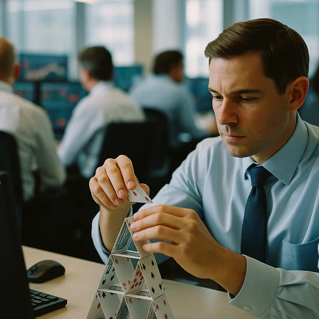Scene in a financial trading floor with someone building