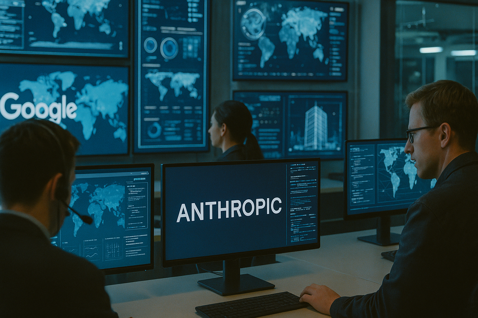 Scene featuring google, Anthropic in a cybersecurity operations center with someone Building