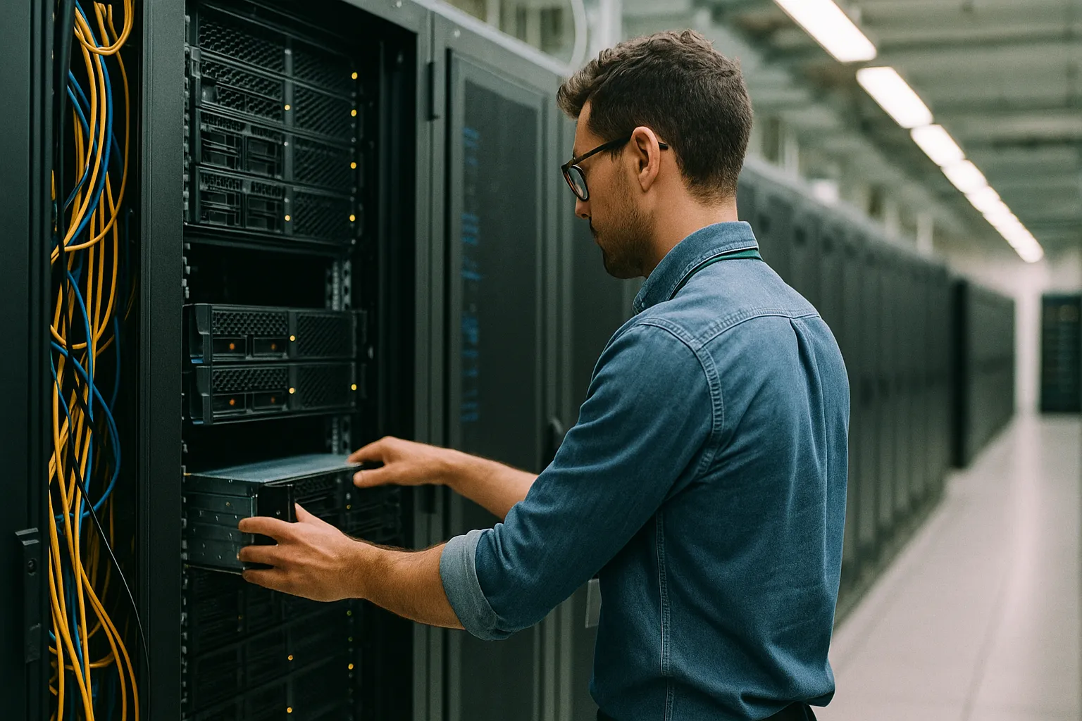 Scene in a data center with someone building