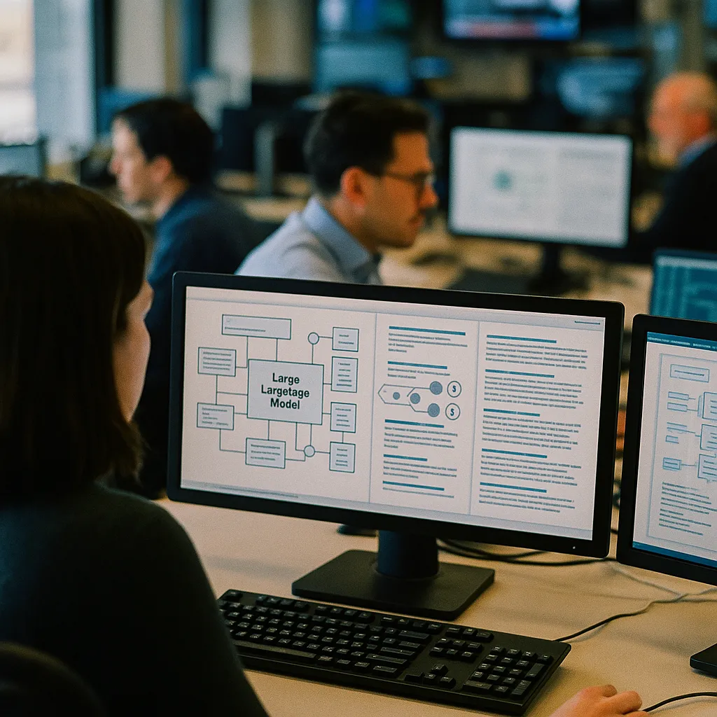 A newsroom featuring interface, screens, related to a large language model.5 With Deeper Agentic and Research Ca