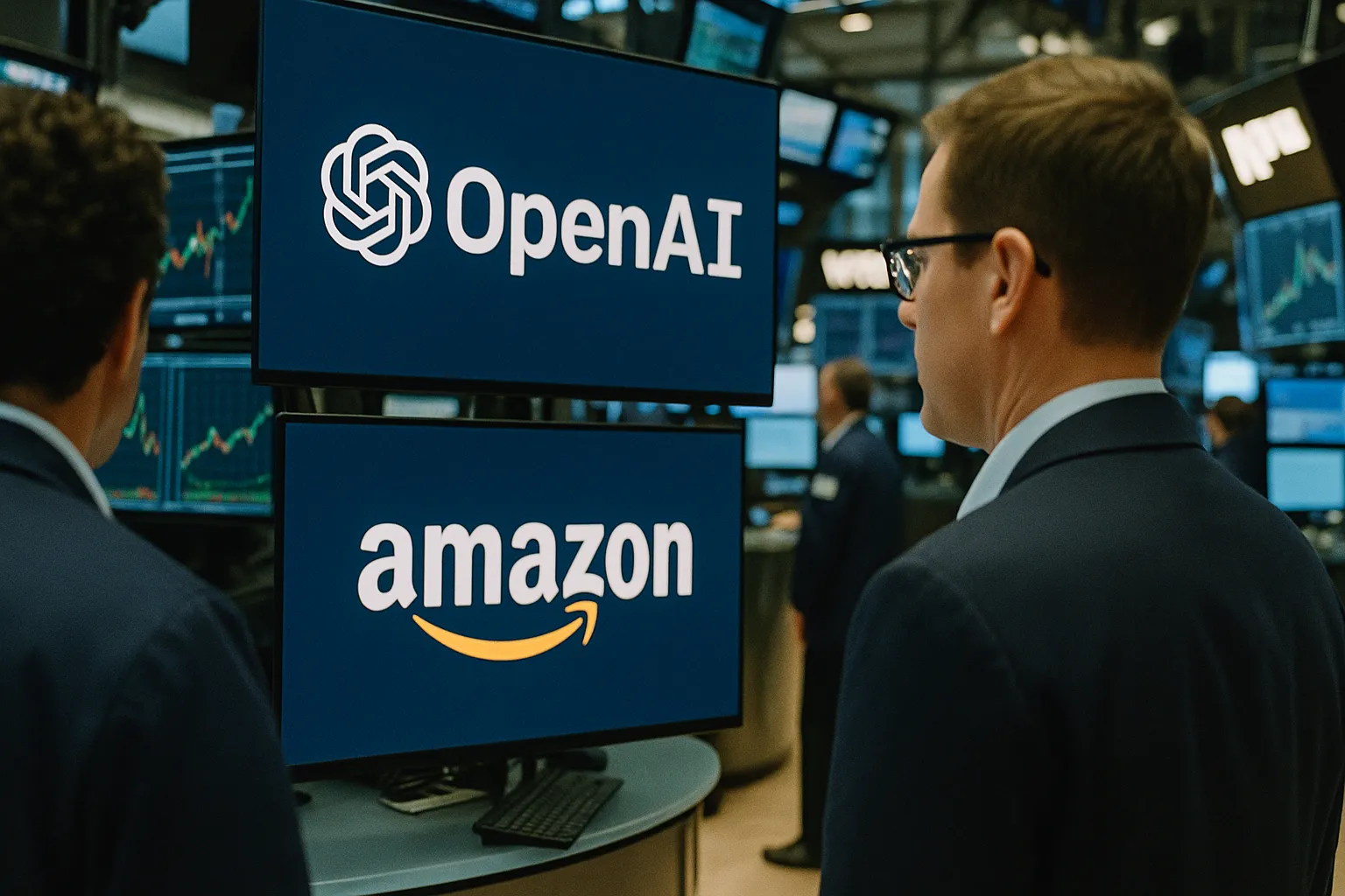 Scene featuring openai, Amazon in a financial trading floor