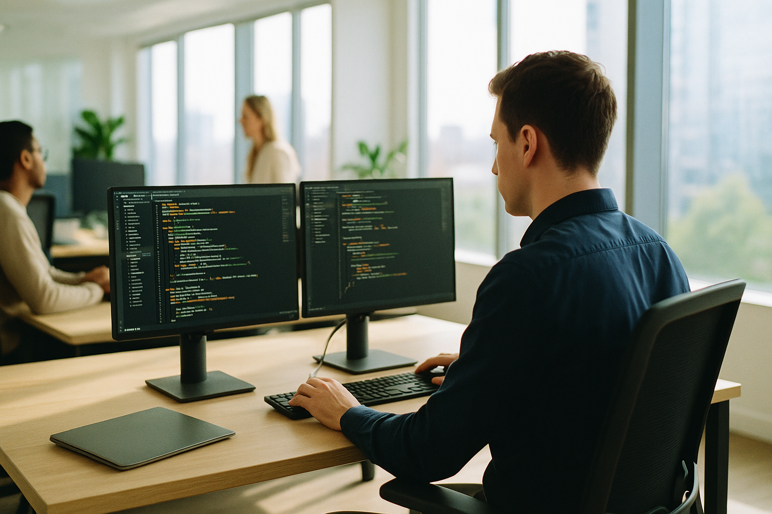 Scene in a modern corporate office with someone coding