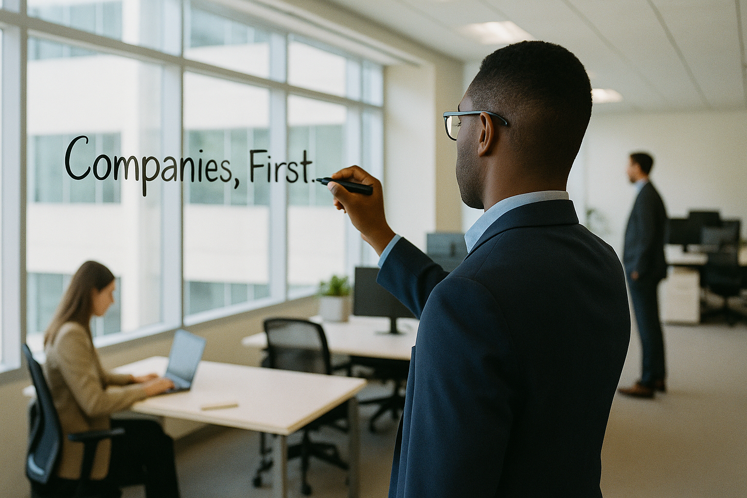 Scene in a modern corporate office with someone deploying related to Companies, First