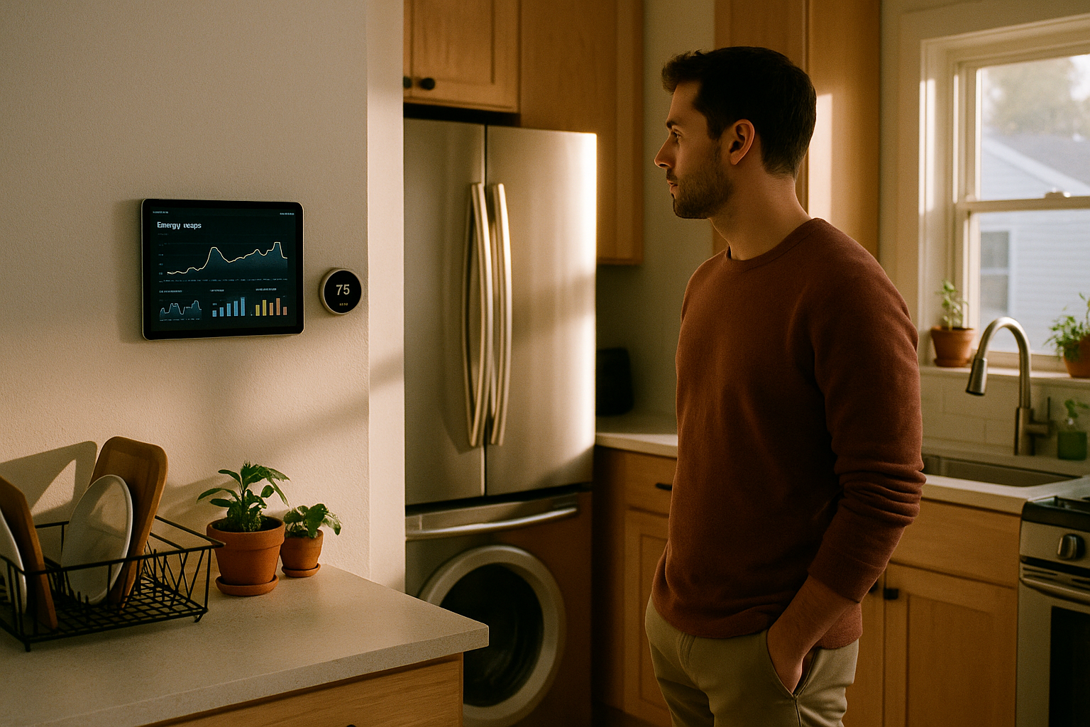 Interior of a modern kitchen with stainless steel appliances, a tablet mounted on the wall showing an energy usage dashboard with graphs
