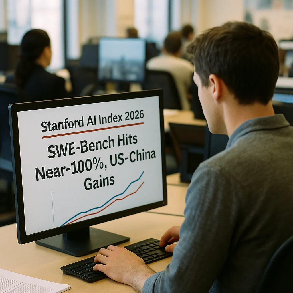 A newsroom where a person is building related to Stanford AI Index 2026: SWE-Bench Hits Near-100%, US-China G