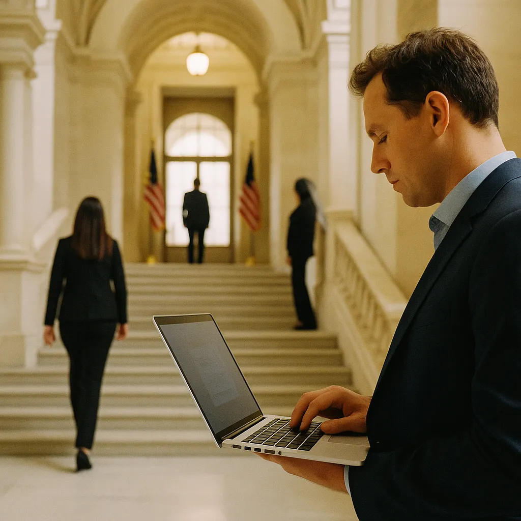 A government building interior where a person is deploying related to States Are Enforcing AI Law While Congress Stalls — and a Co from an unusual angle or perspective