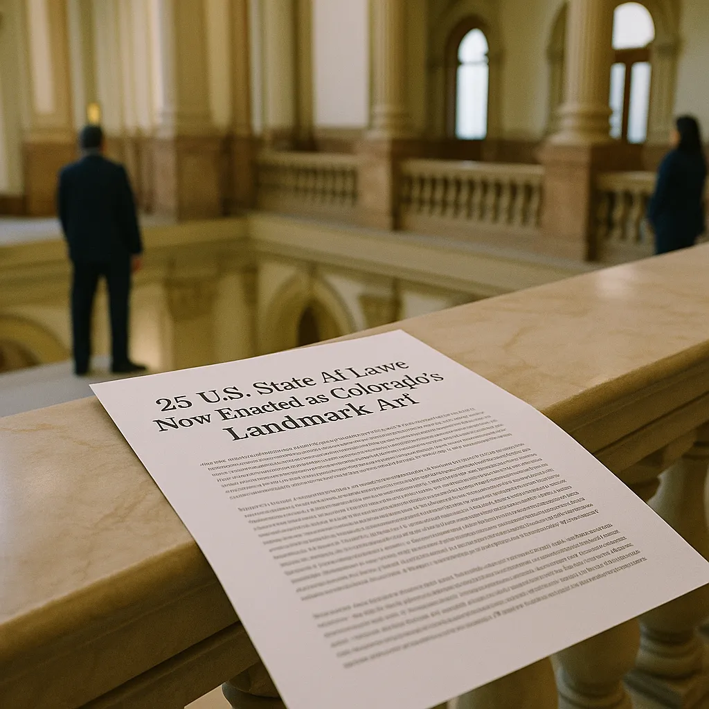 A government building interior featuring document, related to 25 U.S. State AI Laws Now Enacted as Colorado's Landmark Act from an unusual angle or perspective