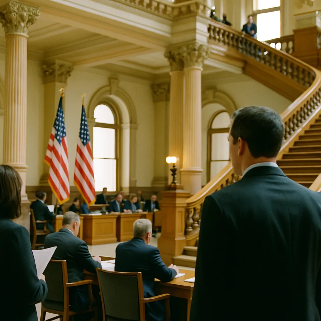 A government building interior related to State AI Laws in Flux: Colorado Eyes Full Repeal, New York S from an unusual angle or perspective