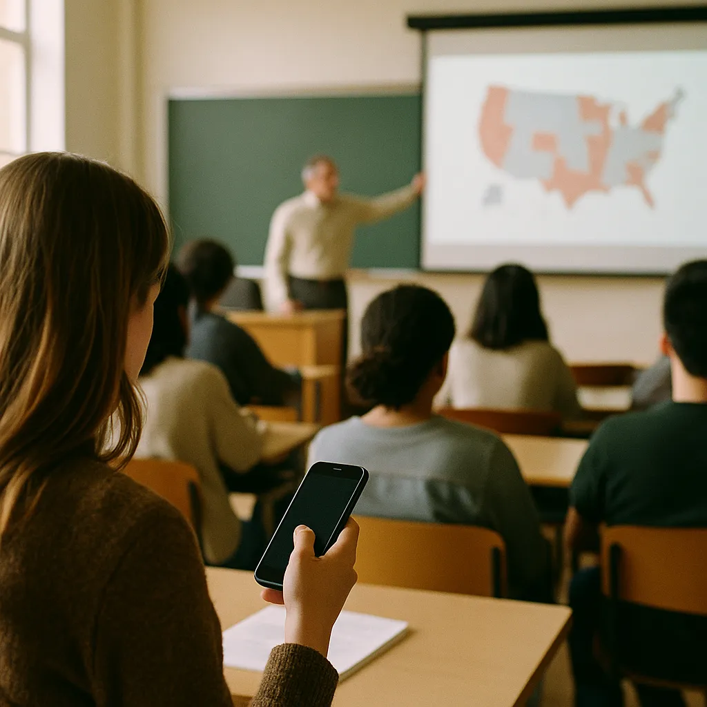 A university classroom featuring phone, screen, related to 17 States Move to Restrict School Tech as EdTech Backlash Re from an unusual angle or perspective