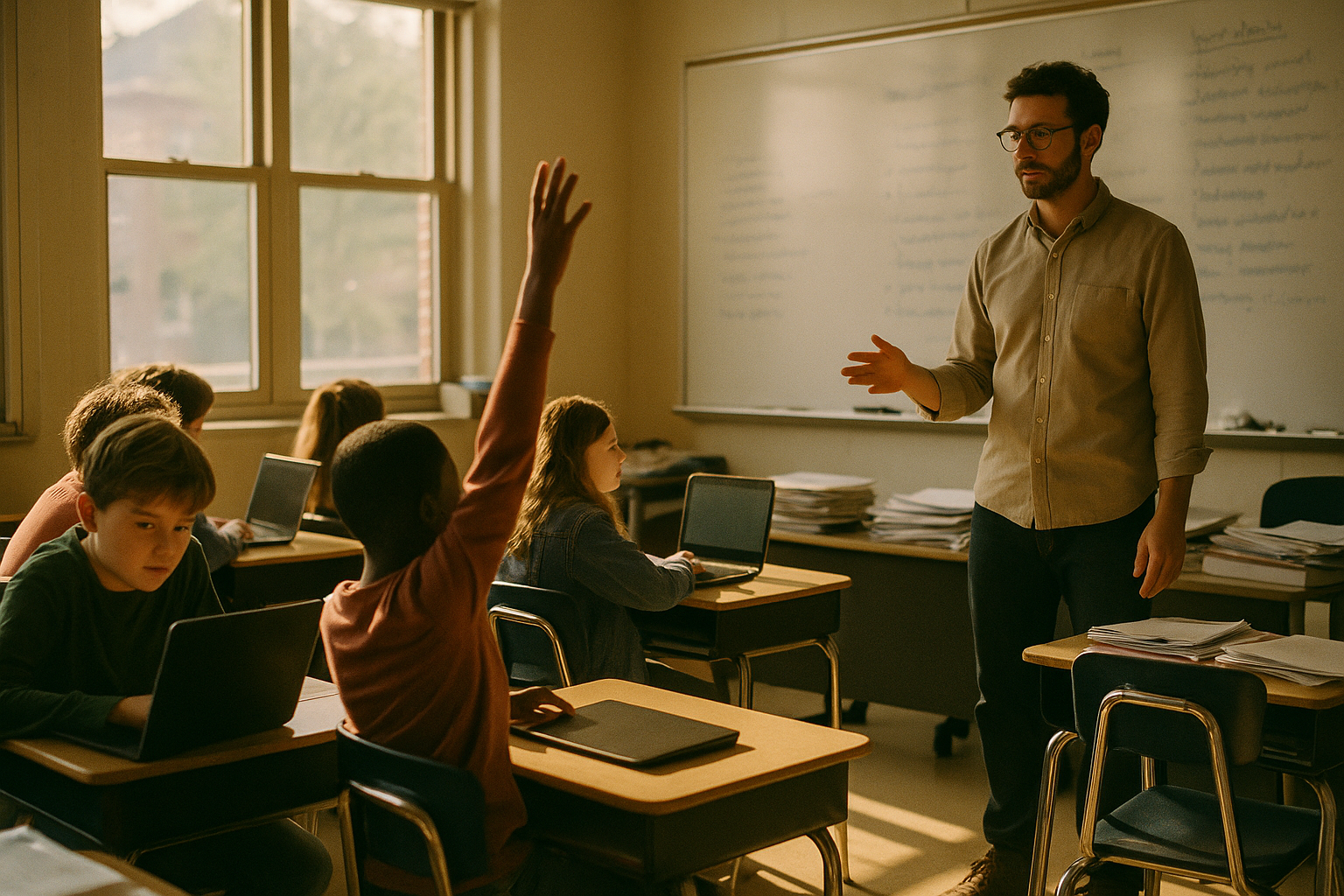 A middle school classroom where students sit at desks with laptops open