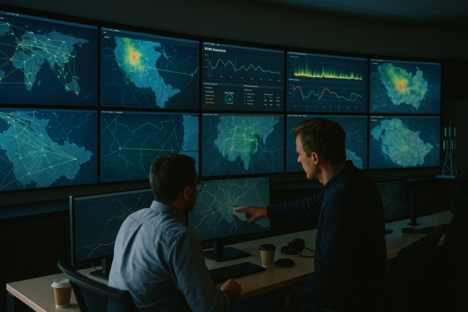 A telecom network operations center with a curved wall of large monitors showing real-time network maps