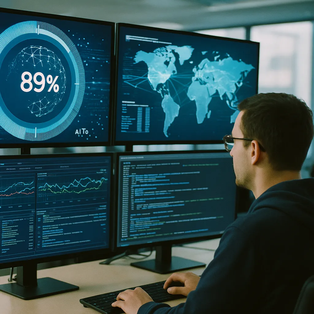 A network operations center where a person is deploying related to 89% of Telecoms Are Raising AI Budgets as Network Automation