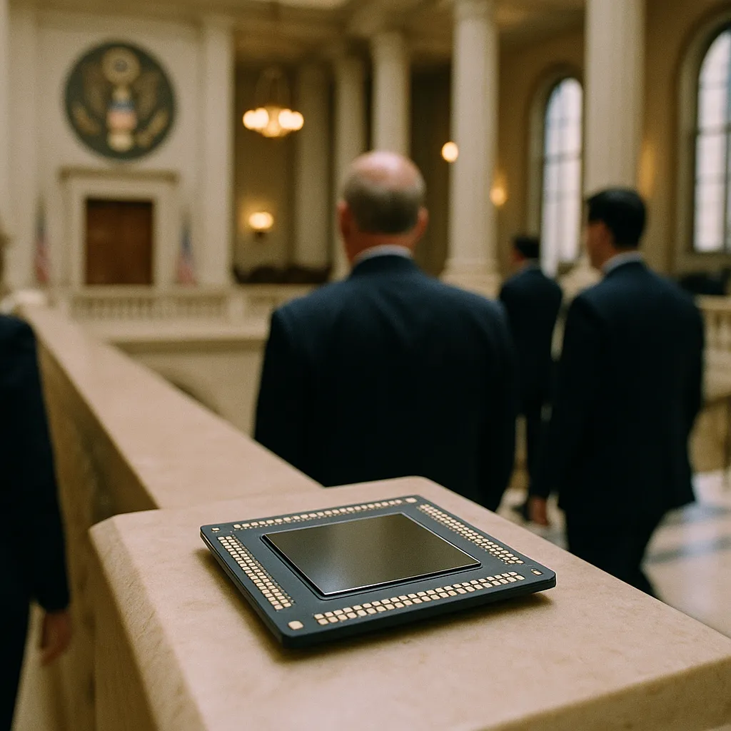 A government building interior featuring chip, related to Trump Administration Moves to Crack Down on Chinese Firms Ex from an unusual angle or perspective