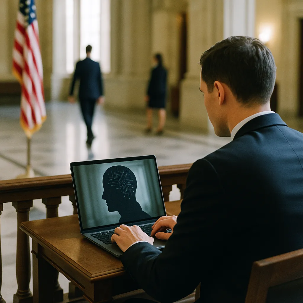 A government building interior where a person is operating related to AI Enforcement Accelerates Across U.S. as Federal Policy Sta from an unusual angle or perspective
