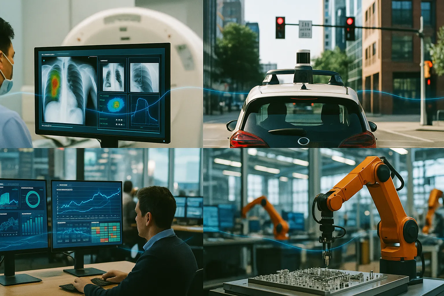 AI applications across industries — healthcare, transportation, finance, and manufacturing