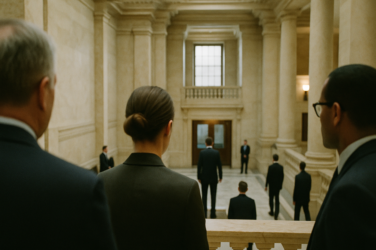 Scene in a government building interior from an unusual angle or perspective