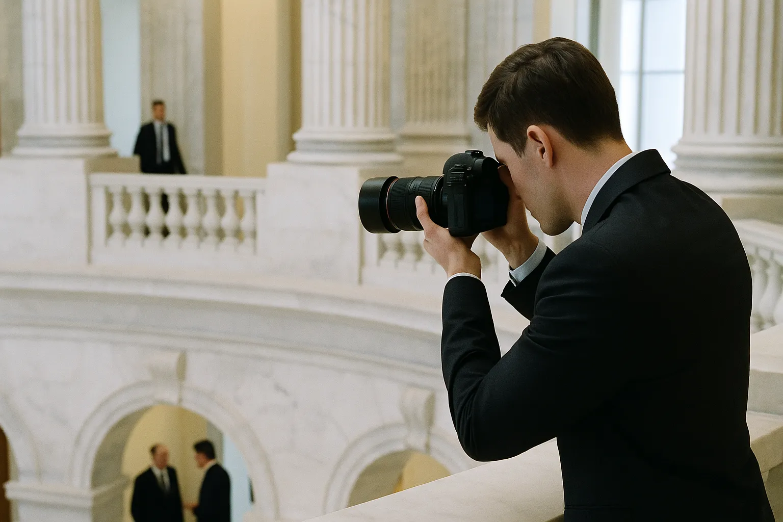 Scene in a government building interior with someone operating from an unusual angle or perspective