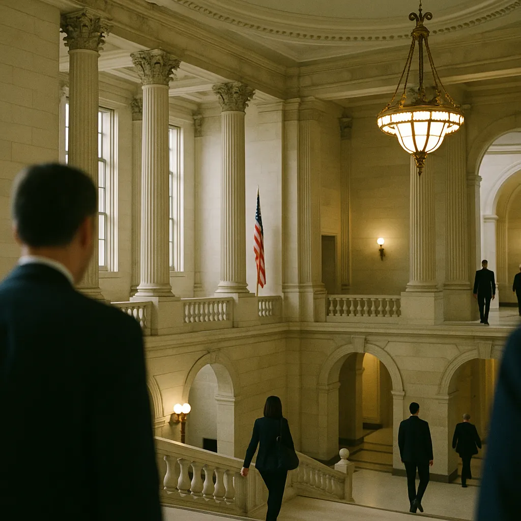 A government building interior related to The U.S. Has 1,561 AI Bills and No Good Test for Any of Them from an unusual angle or perspective