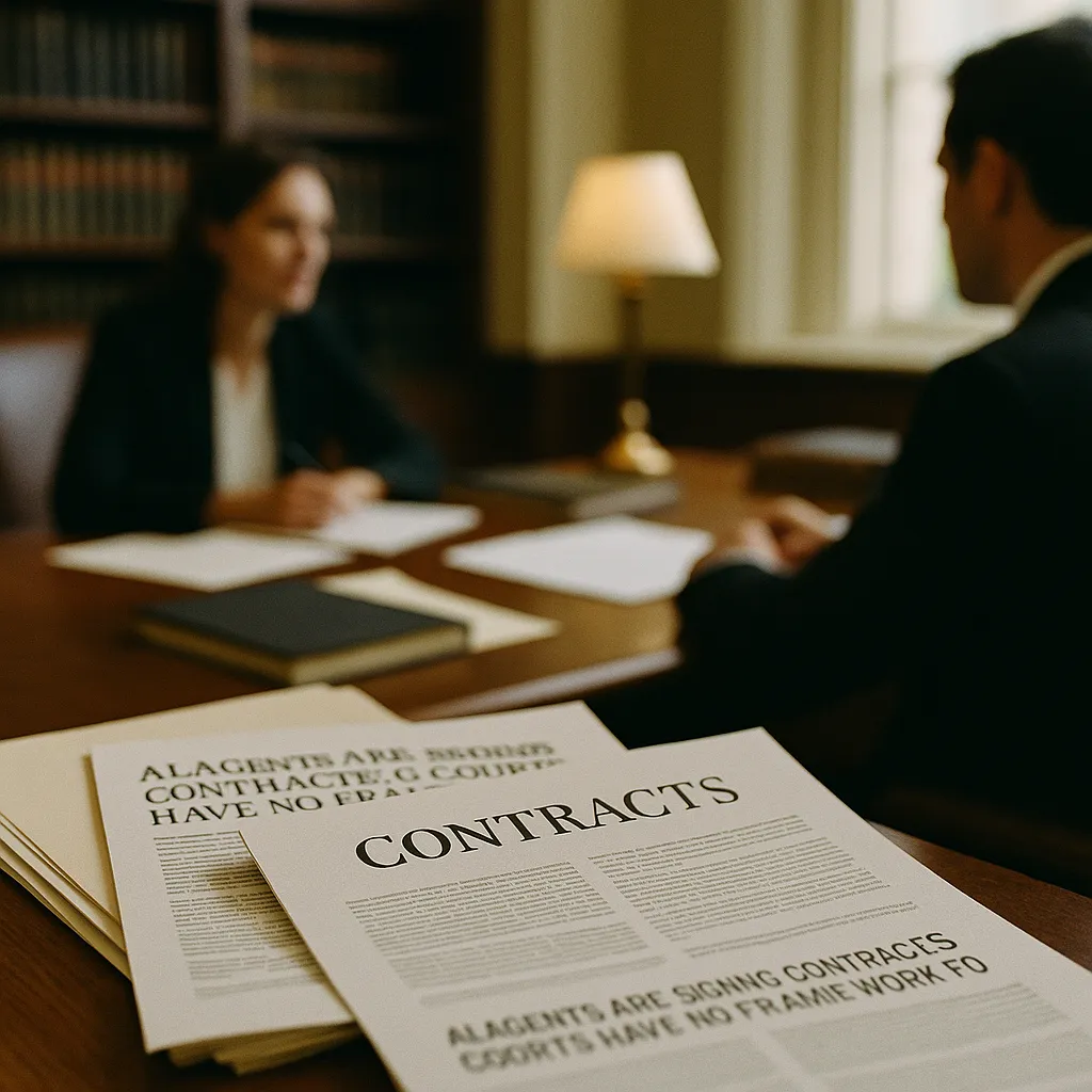 A law office featuring Contracts, documents, related to AI Agents Are Signing Contracts. Courts Have No Framework fo