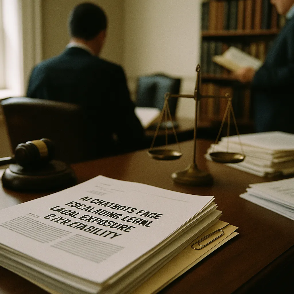 A law office featuring documents, related to AI Chatbots Face Escalating Legal Exposure Over Liability, P from an unusual angle or perspective