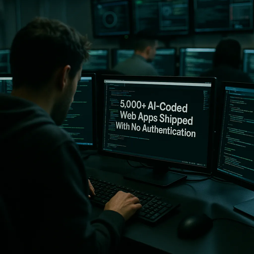 A cybersecurity operations center where a person is coding related to 5,000+ AI-Coded Web Apps Shipped With No Authentication, Res