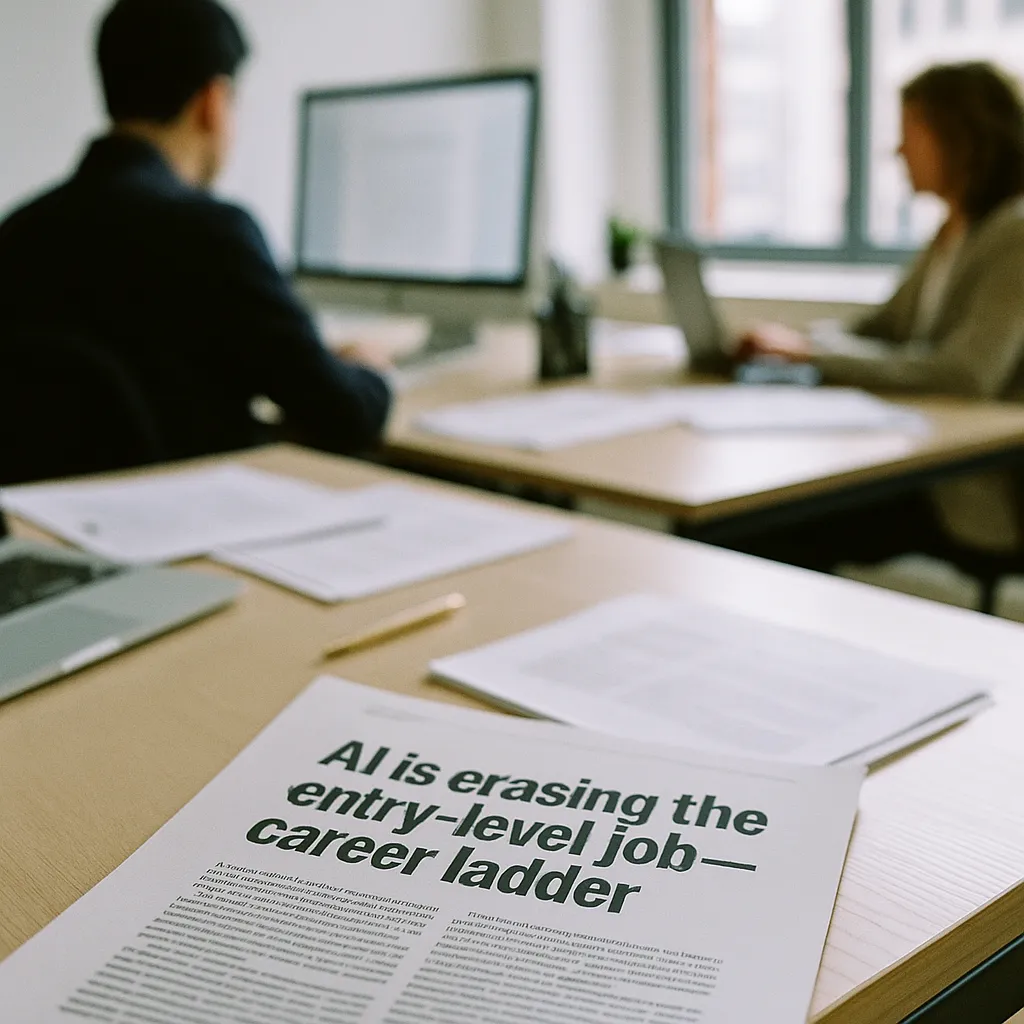 A modern workplace featuring documents, document, related to AI Is Erasing the Entry-Level Job — and the Career Ladder Th from an unusual angle or perspective