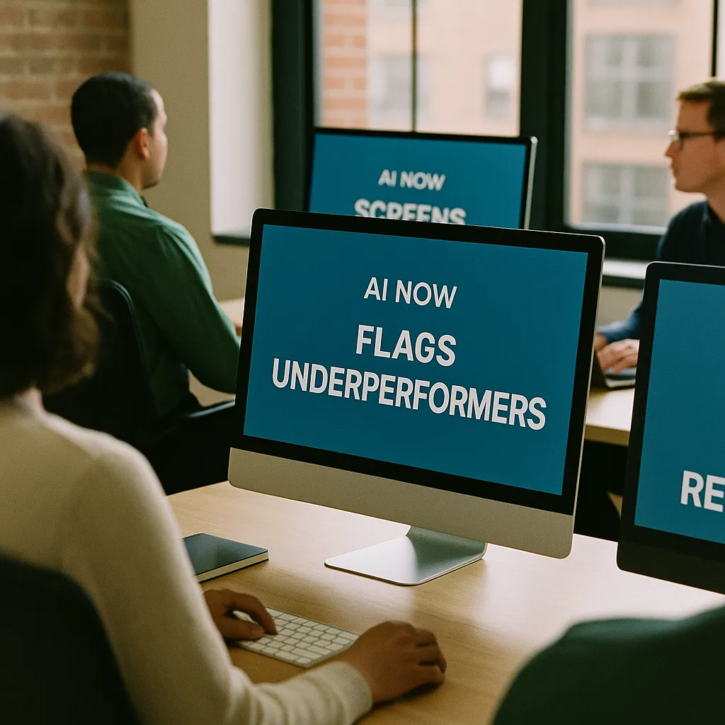 A modern workplace featuring Screens, related to AI Now Screens Resumes, Flags Underperformers, and Recommend from an unusual angle or perspective