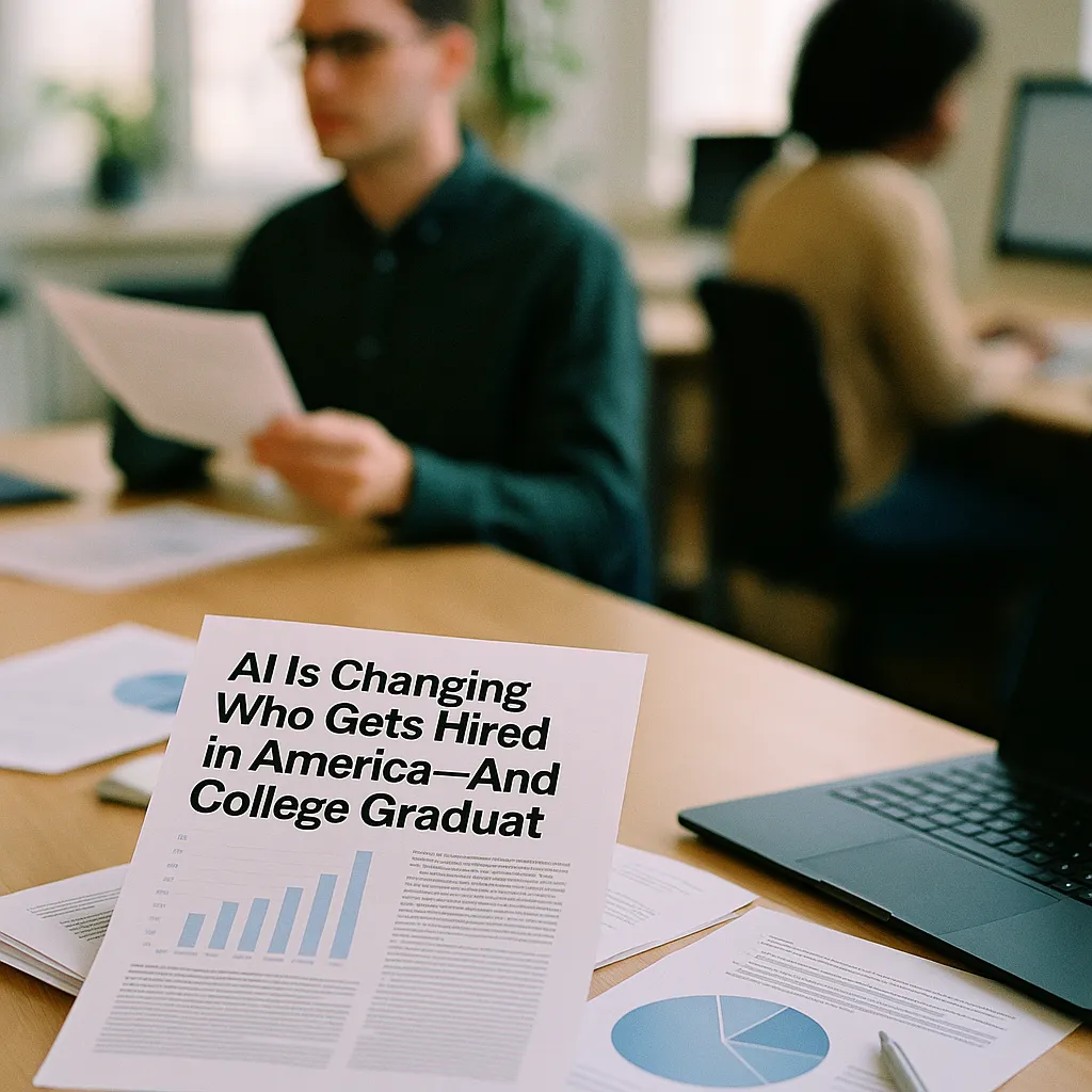 A modern workplace featuring documents, fields, related to AI Is Changing Who Gets Hired in America—And College Graduat