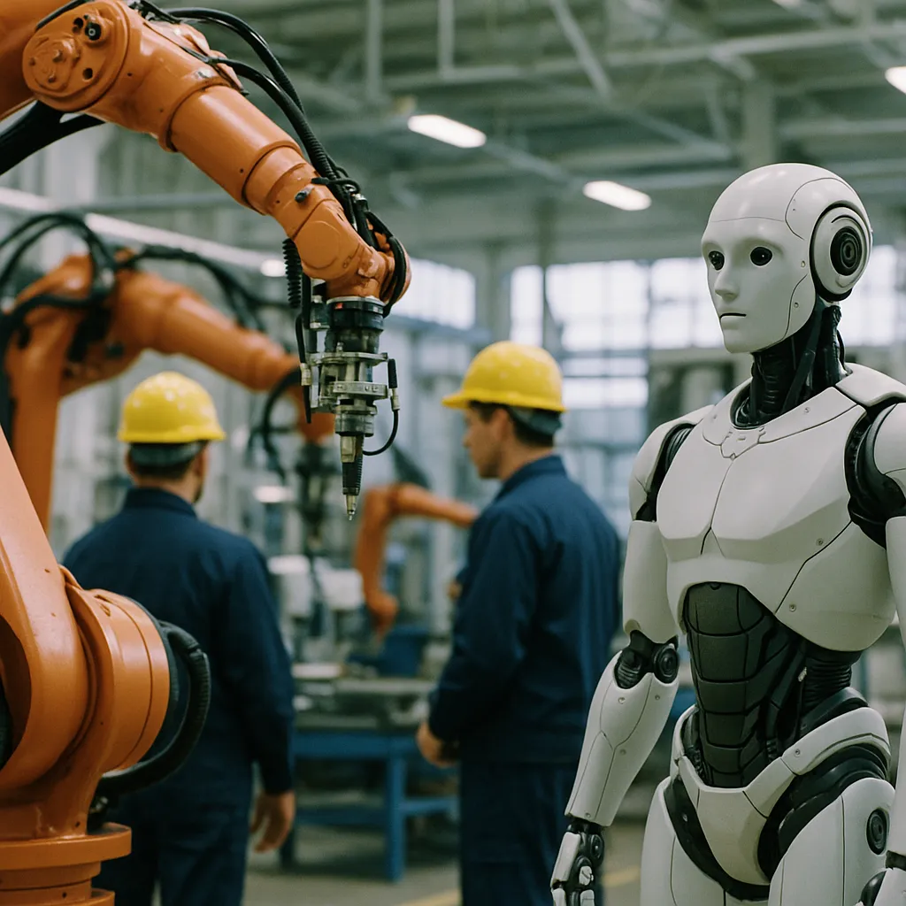 A Factory featuring robotic arms, robot, related to AI, IoT, and Robotics Convergence Moves From Factory Pilots 