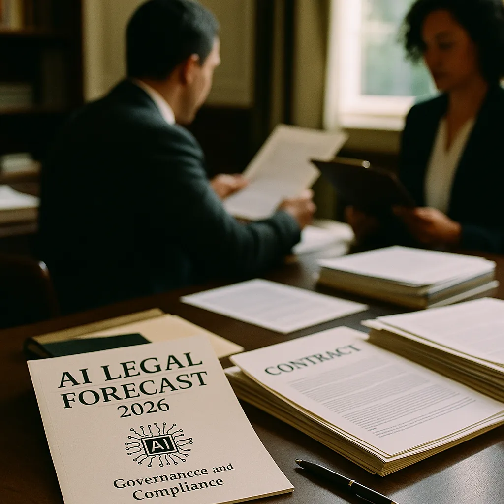 A law office featuring contracts, document, related to AI Legal Forecast 2026: Governance and Compliance Replace Ex
