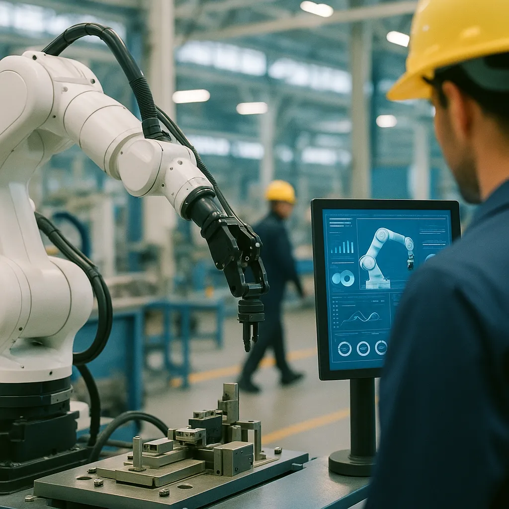 A factory featuring robot, interface, related to AI in Manufacturing Has Crossed a Threshold: 96% Deployment,