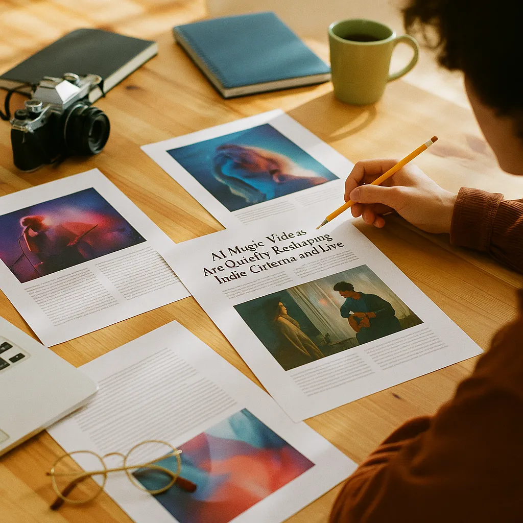 A creative studio featuring documents, related to AI Music Videos Are Quietly Reshaping Indie Cinema and Live 