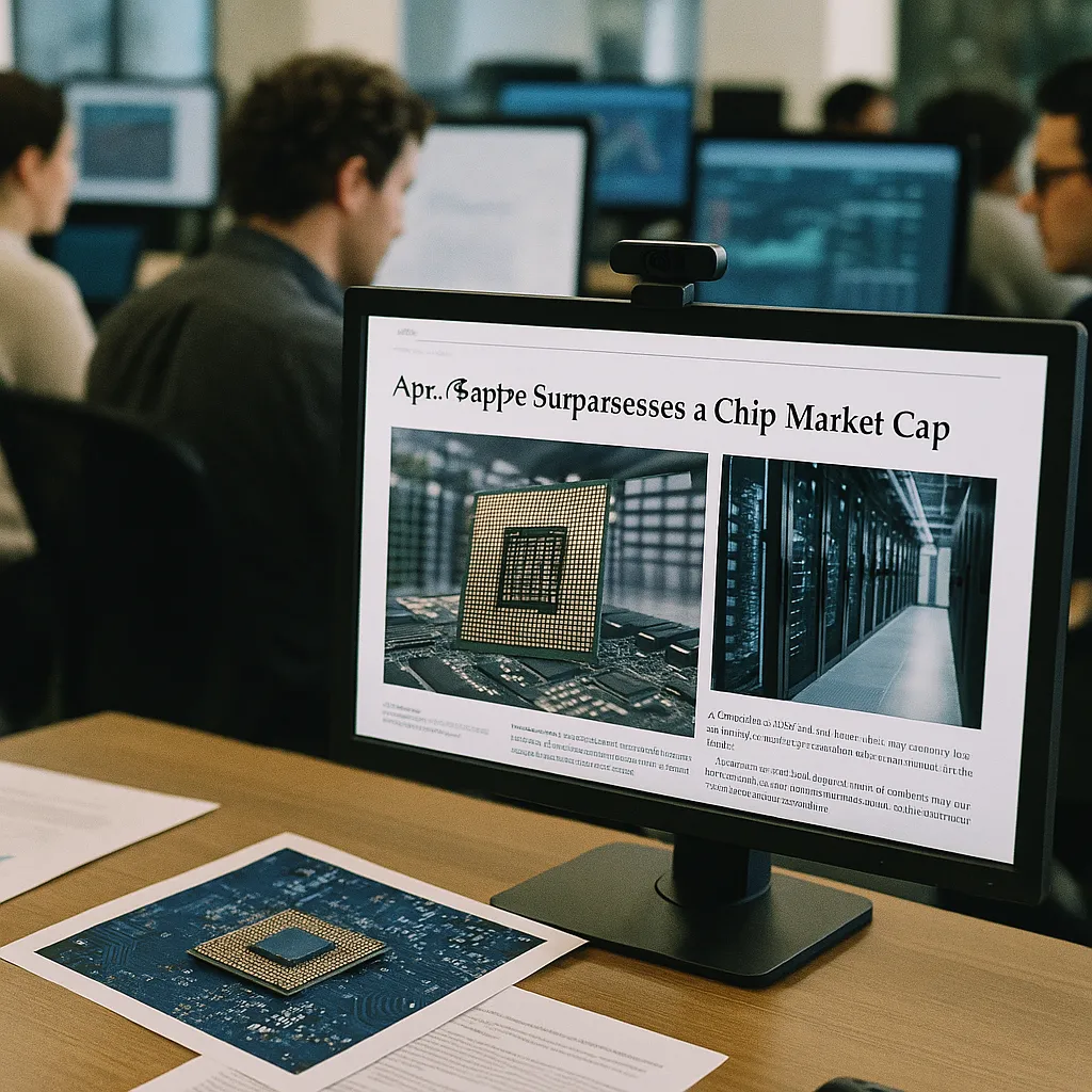 A newsroom featuring data centers, chips, related to Alphabet Briefly Surpasses a chip manufacturer in Market Cap