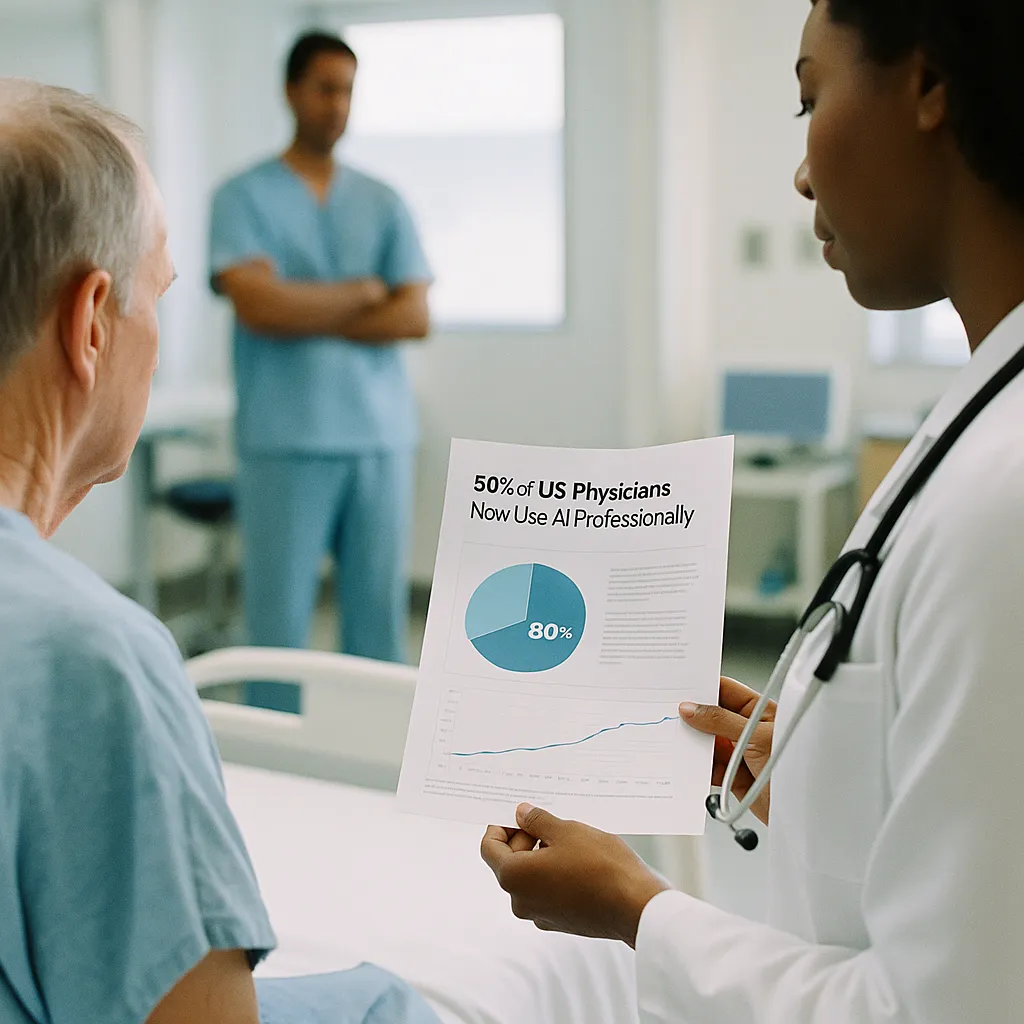 A medical facility featuring patient, documents, related to AMA: 80% of U.S. Physicians Now Use AI Professionally — Doub from an unusual angle or perspective