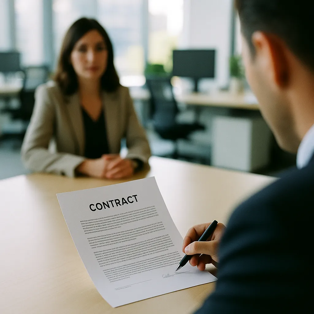 A modern corporate office featuring contract, related to an AI safety company Gives an AI assistant Agents the Abilit