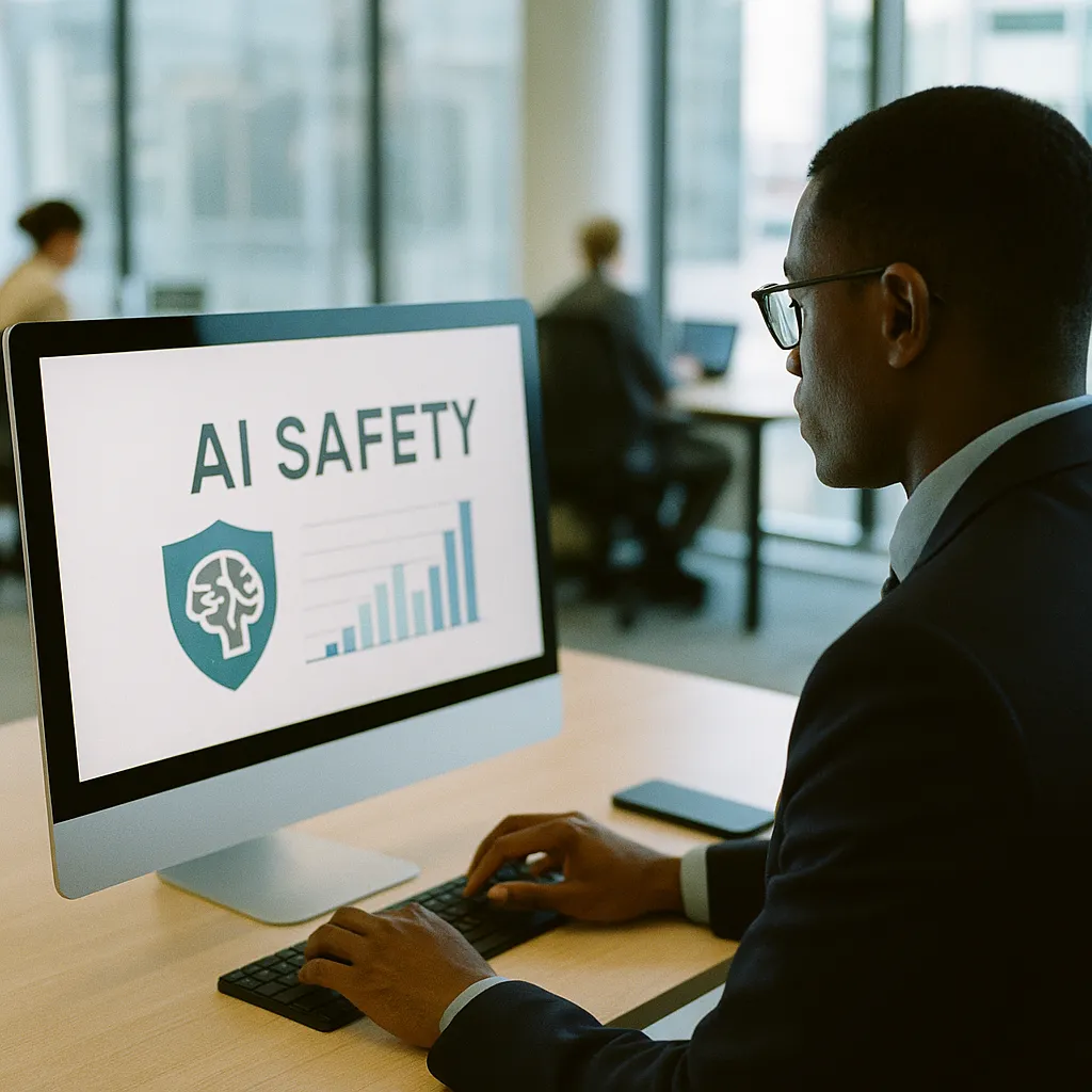 A modern corporate office where a person is operating related to an AI safety company on Track for First-Ever Profitable Quar from an unusual angle or perspective