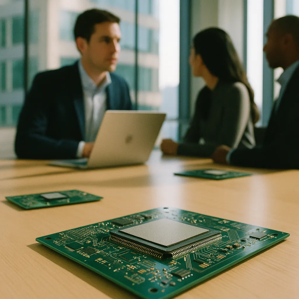 A modern corporate office featuring Chips, chips, related to an AI safety company Is in Talks to Use a major software com from an unusual angle or perspective